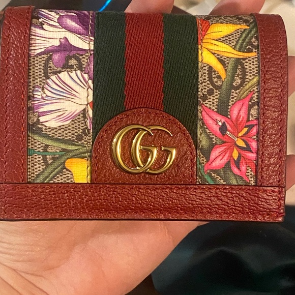 GUCCI Ophidia GG Web Flora Card Case Wallet -Red Leather -NEW - Picture 4 of 7